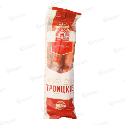 Вареное колбасное изделие мясное сосиски Троицкие высшего сорта, искусственная оболочка, газ ОАО "Гродненский мясокомбинат" 0.63  кг