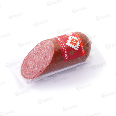 Колбасное изделие варено-копченое салями мясное. Колбаса КРЕМЛЕВСКАЯ высшего сорта, упакованная под вакуумом, порционная нарезка, масса нетто 400 г